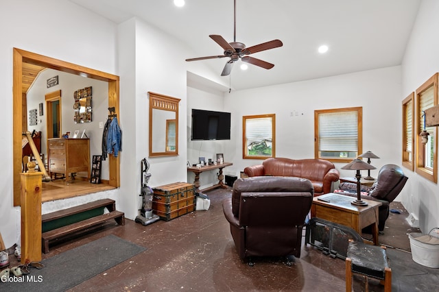 5761 Lake Rd, Galway, NY 12074 - living room featuring plenty of natural light, vaulted ceiling, a ceiling fan, and recessed lighting