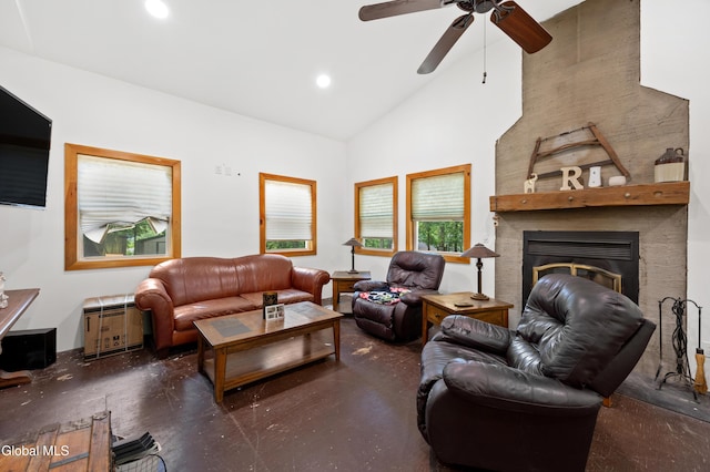 5761 Lake Rd, Galway, NY 12074 - living room featuring a ceiling fan, recessed lighting, high vaulted ceiling, and a glass covered fireplace
