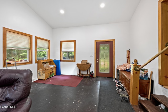 5761 Lake Rd, Galway, NY 12074 - entryway with recessed lighting, finished concrete flooring, and vaulted ceiling