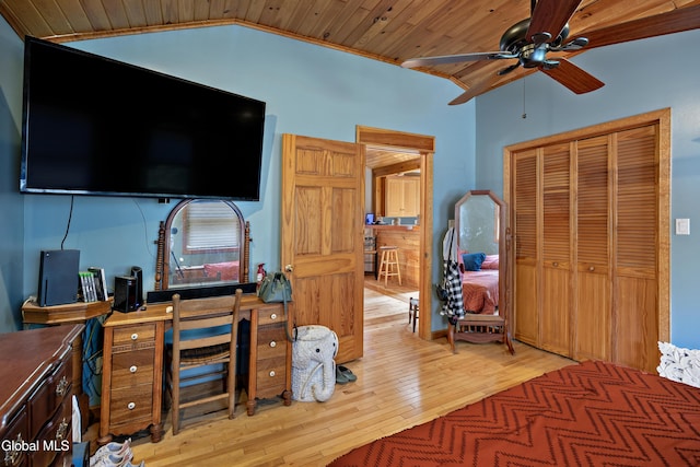 5761 Lake Rd, Galway, NY 12074 - bedroom featuring wooden ceiling, light wood-type flooring, vaulted ceiling, and a closet