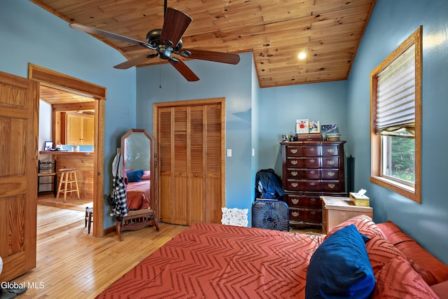 5761 Lake Rd, Galway, NY 12074 - bedroom with wooden ceiling, light wood finished floors, lofted ceiling, a closet, and ceiling fan