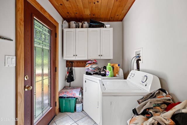 5761 Lake Rd, Galway, NY 12074 - laundry room with cabinet space, separate washer and dryer, light tile patterned floors, and wooden ceiling