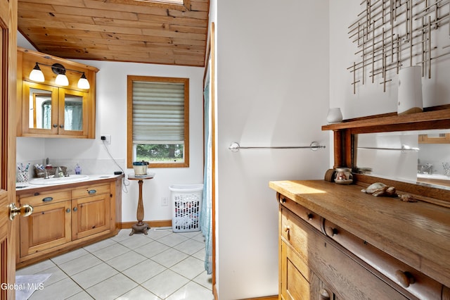 5761 Lake Rd, Galway, NY 12074 - bathroom with tile patterned flooring, vanity, lofted ceiling, and wood ceiling