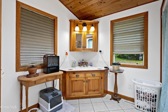 5761 Lake Rd, Galway, NY 12074 - bathroom featuring tile patterned floors, vaulted ceiling, vanity, and wood ceiling