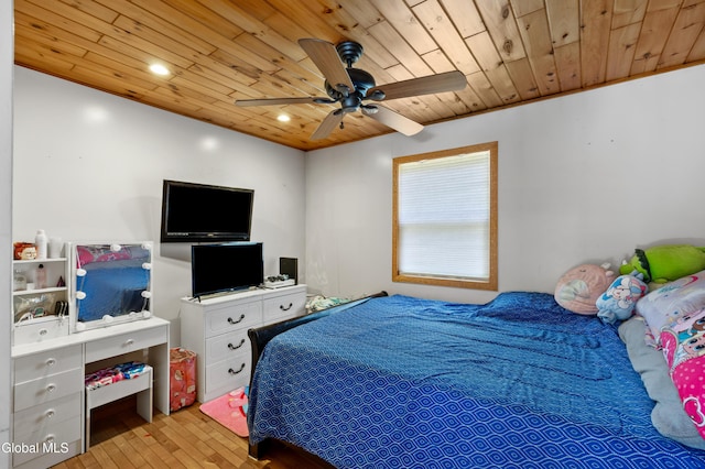 5761 Lake Rd, Galway, NY 12074 - bedroom featuring wood ceiling, light wood-style floors, recessed lighting, and a ceiling fan