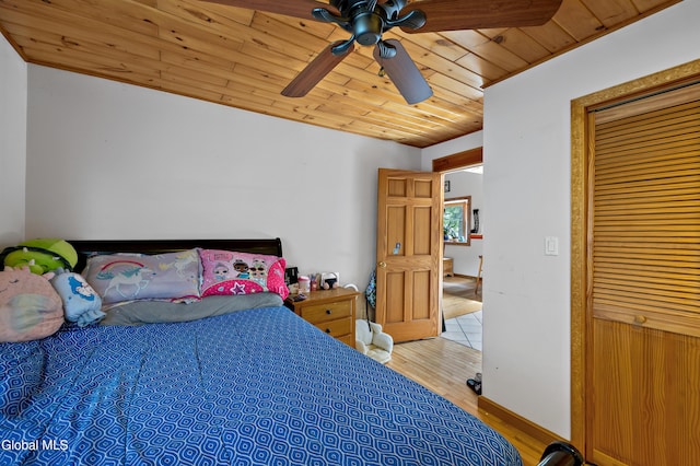 5761 Lake Rd, Galway, NY 12074 - bedroom with light wood finished floors, wooden ceiling, and a ceiling fan