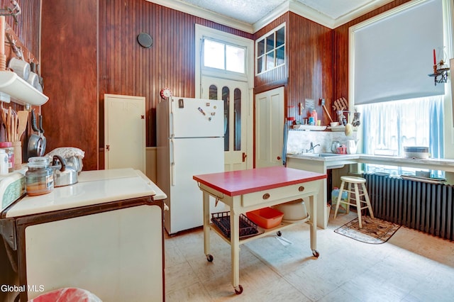 61 Mohawk St, Fort Plain, NY 13339 - kitchen featuring freestanding refrigerator, ornamental molding, light floors, wood walls, and radiator heating unit