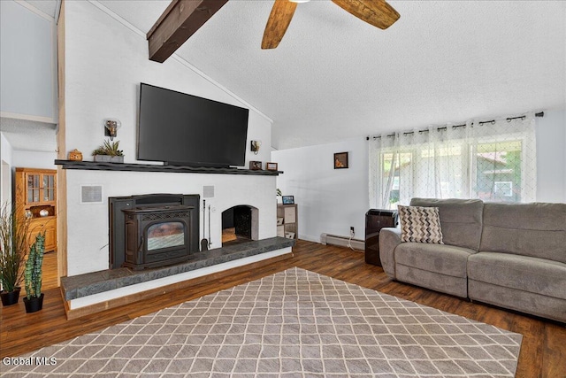 10 Heather Ln, Johnstown, NY 12078 - living room featuring a ceiling fan, a textured ceiling, wood finished floors, a fireplace with raised hearth, and a baseboard radiator