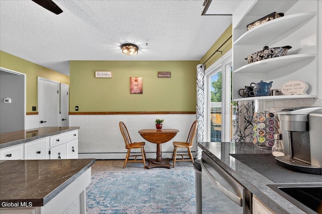 10 Heather Ln, Johnstown, NY 12078 - dining room featuring a wainscoted wall, baseboard heating, and a textured ceiling