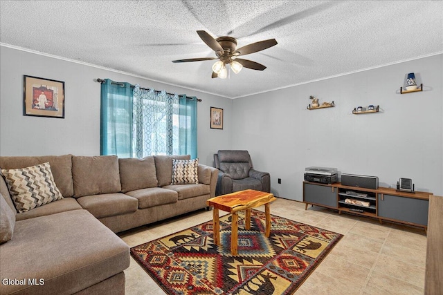 10 Heather Ln, Johnstown, NY 12078 - living room featuring ornamental molding, ceiling fan, light tile patterned floors, and a textured ceiling