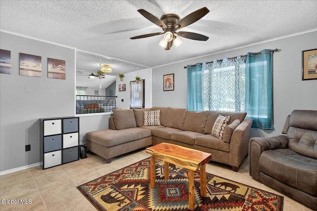 10 Heather Ln, Johnstown, NY 12078 - living area featuring plenty of natural light, a ceiling fan, crown molding, light tile patterned flooring, and a textured ceiling