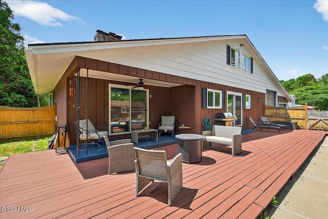 10 Heather Ln, Johnstown, NY 12078 - wooden terrace featuring ceiling fan, a fenced backyard, and a grill