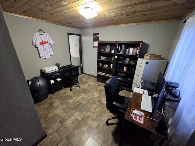 10 Heather Ln, Johnstown, NY 12078 - office featuring ornamental molding, stone tile floors, and wood ceiling