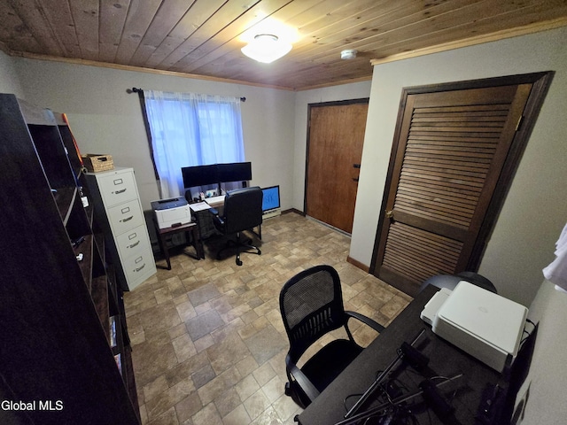 10 Heather Ln, Johnstown, NY 12078 - office featuring ornamental molding, light stone finish flooring, and wood ceiling