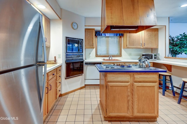 5 Wendfair Ter, Colonie, NY 12205 - kitchen with black appliances, premium range hood, light tile patterned floors, and a center island