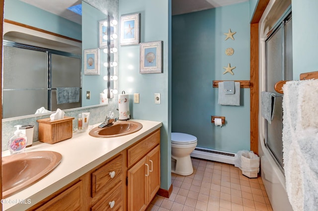 5 Wendfair Ter, Colonie, NY 12205 - full bathroom featuring a baseboard radiator, a shower with door, tile patterned floors, and double vanity