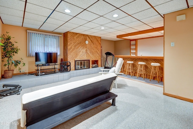 5 Wendfair Ter, Colonie, NY 12205 - living area with bar area, carpet floors, recessed lighting, wood walls, and a drop ceiling