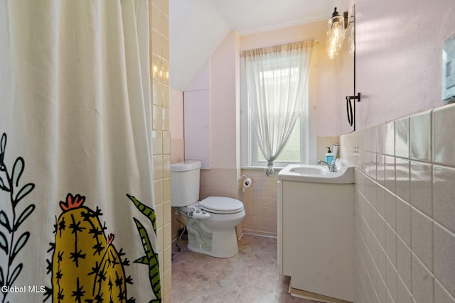407 Huston St, Scotia, NY 12302 - full bathroom with vanity, plenty of natural light, tile walls, a shower with shower curtain, and tile patterned flooring