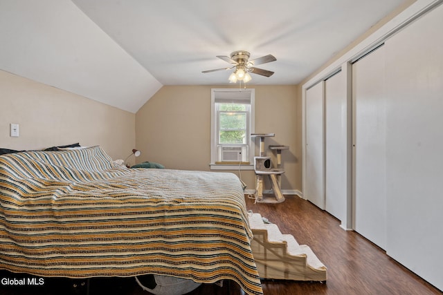 407 Huston St, Scotia, NY 12302 - bedroom with dark wood-type flooring, vaulted ceiling, ceiling fan, and cooling unit