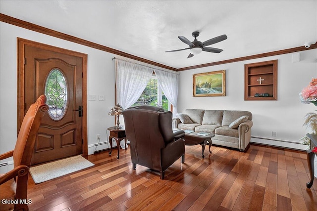 7 Marquette Ave, Colonie, NY 12110 - living area featuring baseboard heating, ceiling fan, wood-type flooring, and ornamental molding
