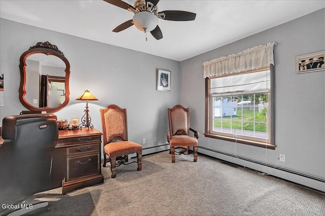 7 Marquette Ave, Colonie, NY 12110 - living area featuring carpet, a ceiling fan, and a baseboard radiator