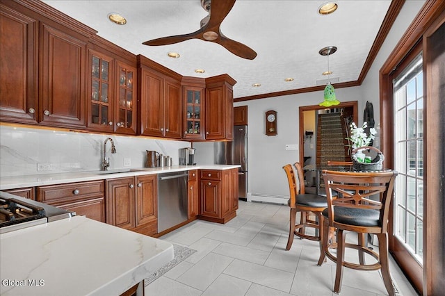7 Marquette Ave, Colonie, NY 12110 - kitchen featuring stainless steel appliances, brown cabinets, recessed lighting, ornamental molding, and glass insert cabinets