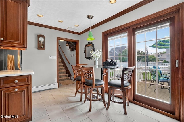 7 Marquette Ave, Colonie, NY 12110 - dining room featuring baseboard heating, stairway, light tile patterned floors, ornamental molding, and a dry bar