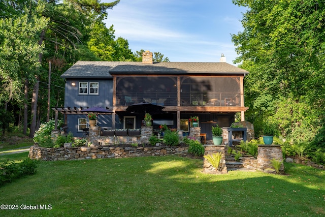 83 Pilot Knob Rd, Queensbury, NY 12804 - rear view of property with a pergola, a chimney, a lawn, and a sunroom