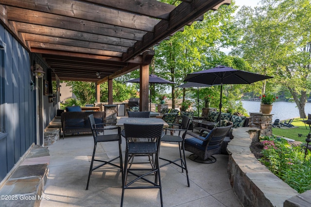 83 Pilot Knob Rd, Queensbury, NY 12804 - view of patio / terrace with outdoor lounge area, a pergola, and a water view