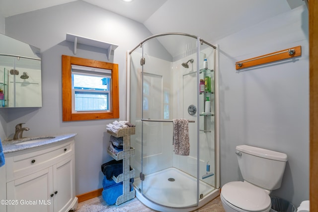 83 Pilot Knob Rd, Queensbury, NY 12804 - bathroom with vaulted ceiling, a stall shower, and vanity