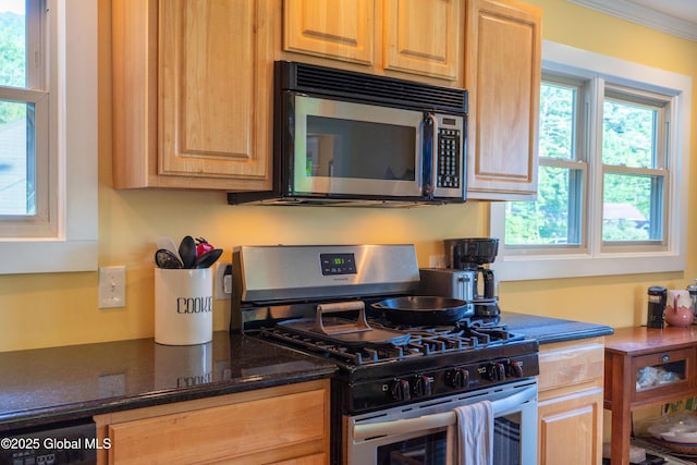 83 Pilot Knob Rd, Queensbury, NY 12804 - kitchen featuring appliances with stainless steel finishes, light brown cabinets, and dark stone counters