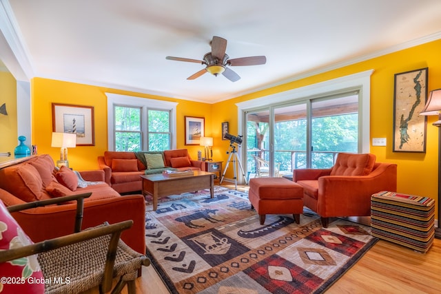 83 Pilot Knob Rd, Queensbury, NY 12804 - living room with wood finished floors, healthy amount of natural light, ornamental molding, and ceiling fan