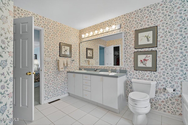 3 Pine Ridge Rd, Saratoga Springs, NY 12866 - bathroom with wallpapered walls, double vanity, and tile patterned flooring