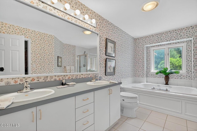 3 Pine Ridge Rd, Saratoga Springs, NY 12866 - full bathroom with tile patterned floors, double vanity, a shower stall, a bath, and wallpapered walls