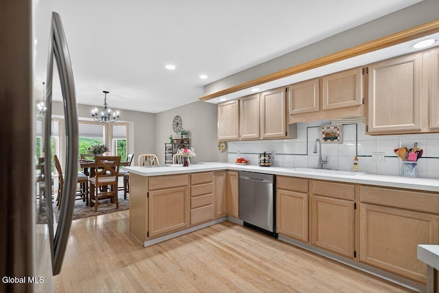 3 Pine Ridge Rd, Saratoga Springs, NY 12866 - kitchen featuring stainless steel appliances, light brown cabinets, a peninsula, light wood-type flooring, and recessed lighting