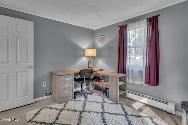 27 Wendell Dr, Colonie, NY 12205 - home office featuring a baseboard radiator, wood finished floors, crown molding, and a textured ceiling