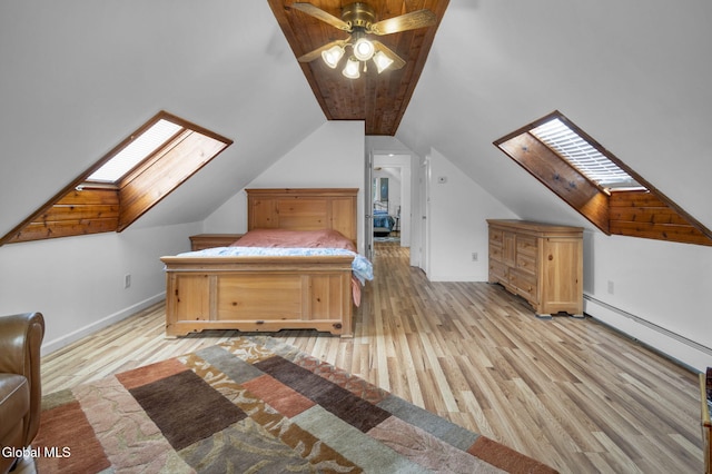 27 Wendell Dr, Colonie, NY 12205 - bedroom with a skylight, baseboard heating, light wood-type flooring, vaulted ceiling, and ceiling fan