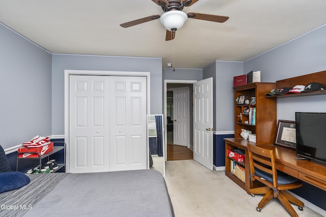 222 Bell Ct, Guilderland, NY 12303 - bedroom featuring a closet, light colored carpet, a ceiling fan, and an office area