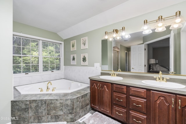222 Bell Ct, Guilderland, NY 12303 - full bath featuring double vanity, a bath, and lofted ceiling