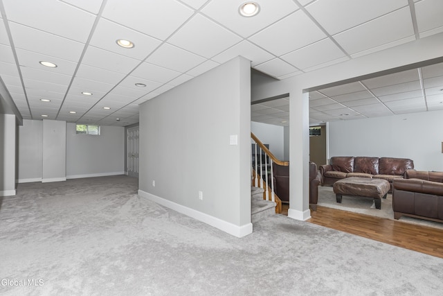 222 Bell Ct, Guilderland, NY 12303 - basement with carpet flooring, recessed lighting, a paneled ceiling, and stairs