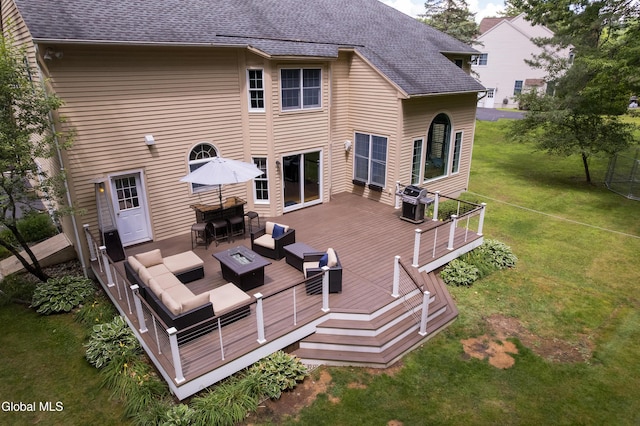 222 Bell Ct, Guilderland, NY 12303 - back of house featuring outdoor lounge area, a wooden deck, a lawn, roof with shingles, and outdoor dining area