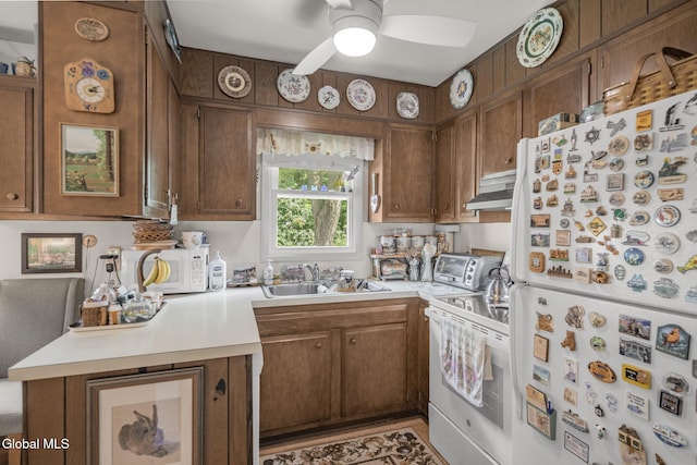 12 Jean Pl, Guilderland, NY 12303 - kitchen with white appliances, under cabinet range hood, light countertops, a ceiling fan, and brown cabinets