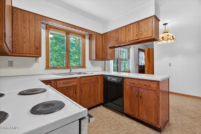 3 Roberts Ln, Saratoga Springs, Inside, NY 12866 - kitchen with black dishwasher, white range with electric stovetop, brown cabinetry, a peninsula, and light countertops