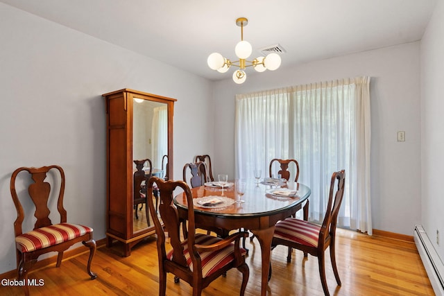 2351 Oakland Ave, Schenectady, NY 12309 - dining area with baseboard heating, a chandelier, and light wood-style flooring