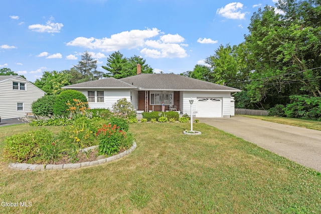 2351 Oakland Ave, Schenectady, NY 12309 - ranch-style home with a garage, concrete driveway, a front yard, and a chimney