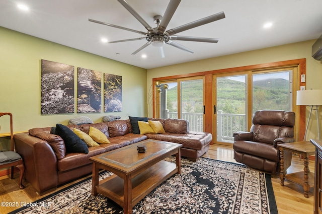 35 Scribner Hollow Rd # E3, Hunter, NY 12442 - living area featuring light wood finished floors, a ceiling fan, and recessed lighting
