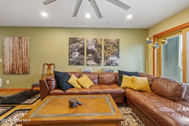35 Scribner Hollow Rd # E3, Hunter, NY 12442 - living room with wood finished floors, a ceiling fan, and recessed lighting