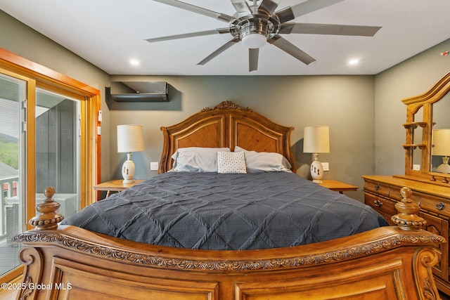 35 Scribner Hollow Rd # E3, Hunter, NY 12442 - bedroom featuring ceiling fan, a wall unit AC, and recessed lighting
