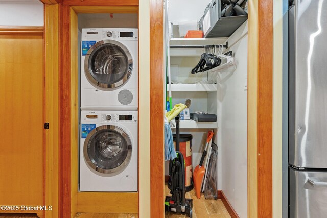 35 Scribner Hollow Rd # E3, Hunter, NY 12442 - laundry area with stacked washing machine and dryer