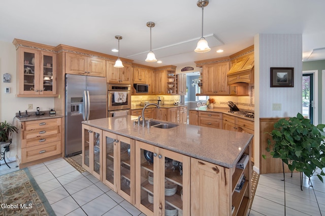 271 Settles Mountain Rd, Cobleskill, NY 12043 - kitchen with stainless steel appliances, open shelves, a kitchen island with sink, light stone countertops, and healthy amount of natural light